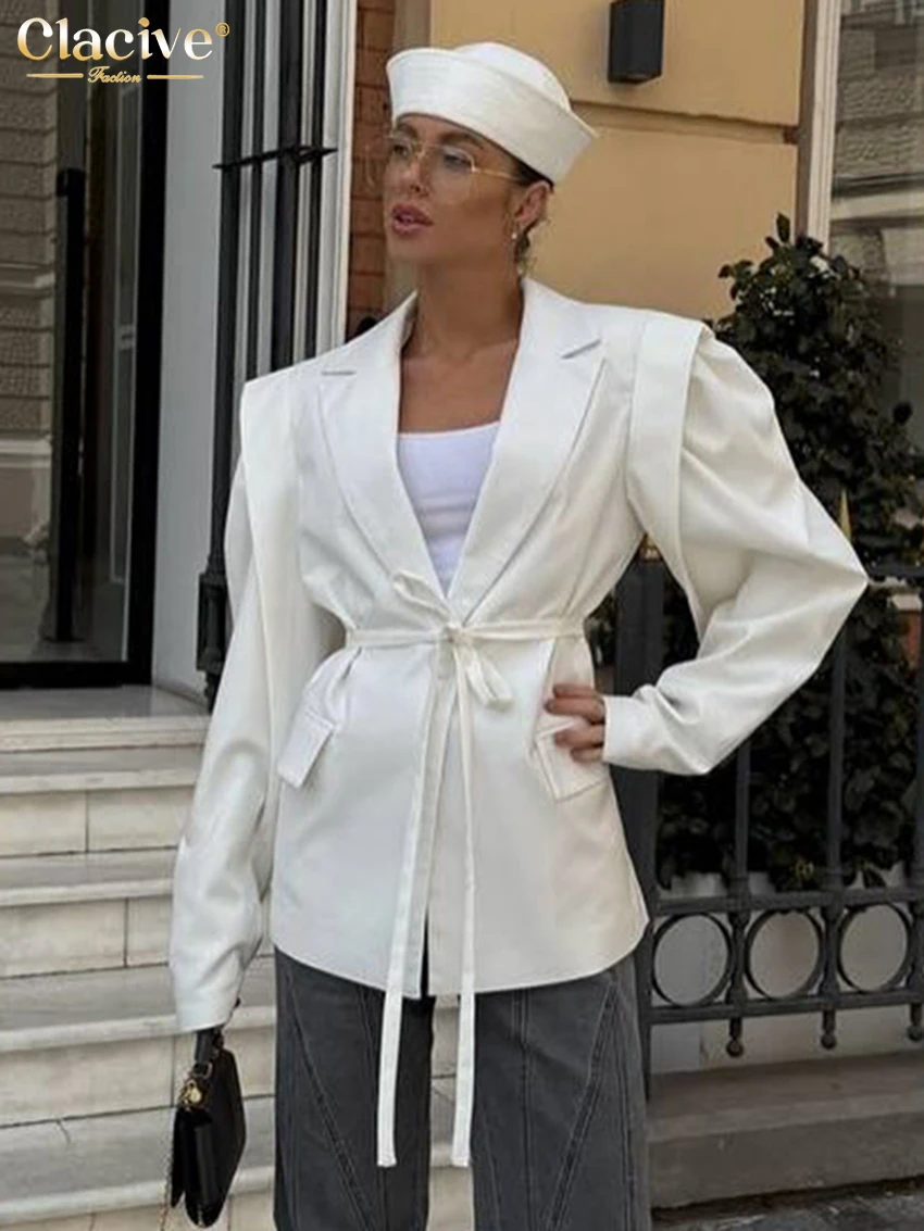 

Clacive Fashion Loose White Women's Shirt 2025 Casual Lapel Long Sleeve Shirts Elegant Classic Solid Lace-Up Top Female Clothing