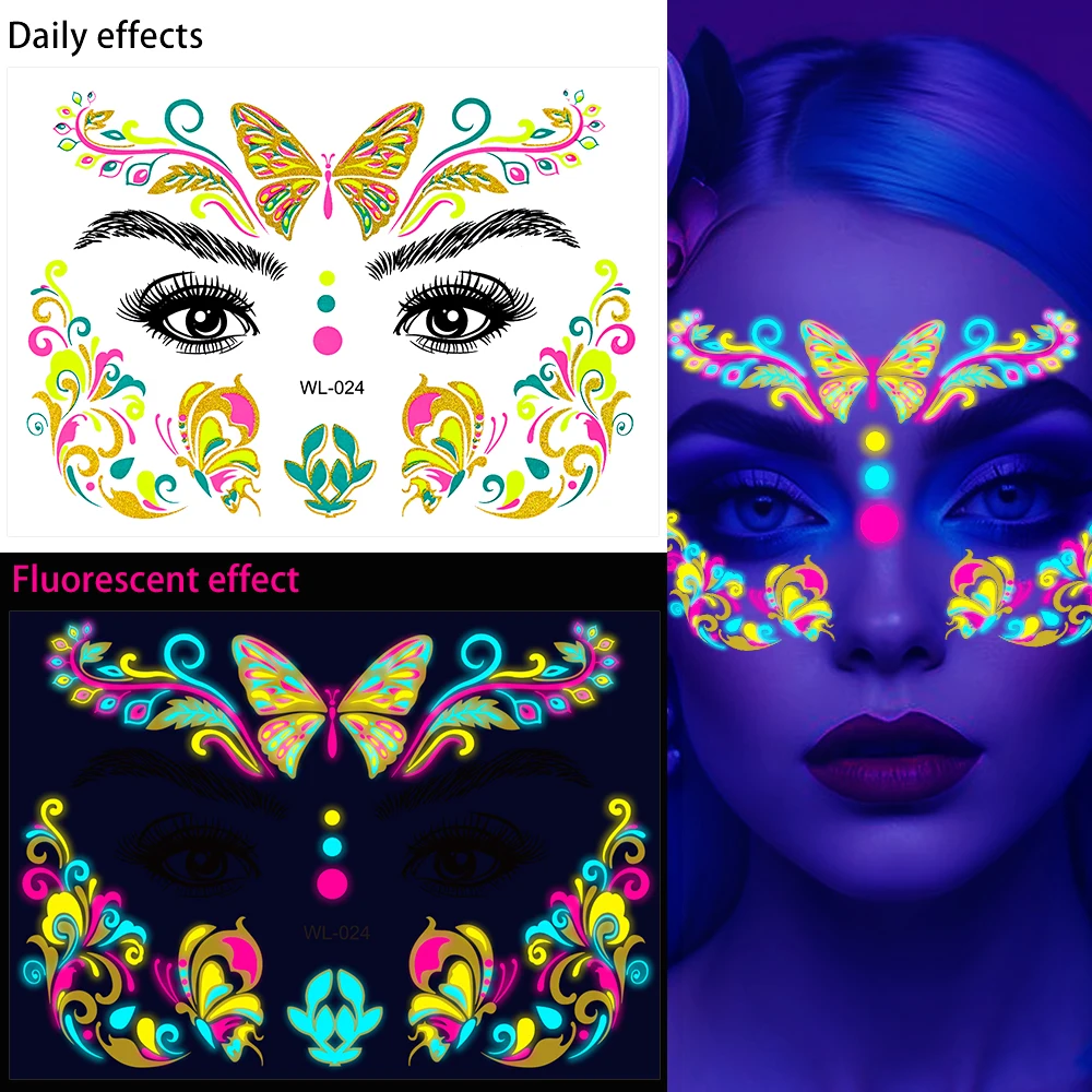 1pcs Fluorescent Face Sticker Butterfly/Flame/Flowers Pattern Tattoos Temporary Party Music Concert Fluorescent Glowing Stickers