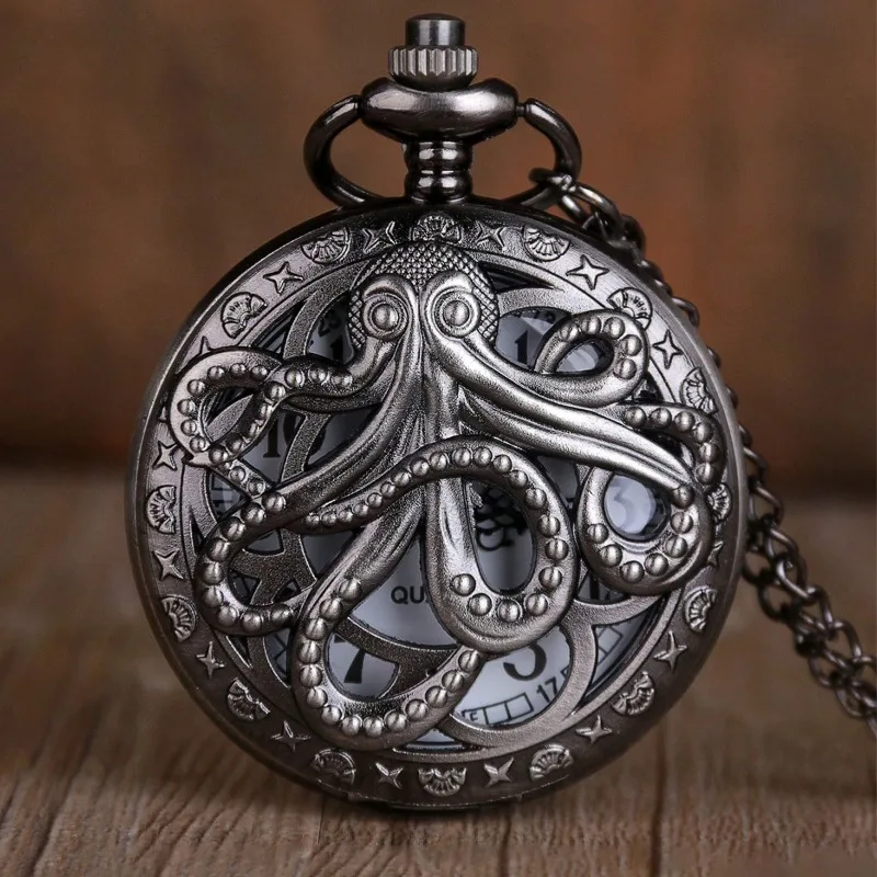 Vintage Punk Zwarte Octopus Creatieve Flap Quartz Zakhorloge met Ketting Ketting Cadeaus voor Mannen reloj de bolsillo