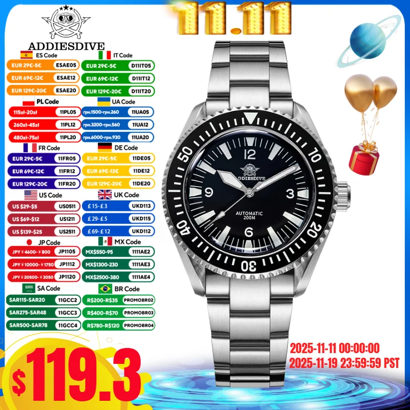 

ADDIESDIVE Men’s Watch Sapphire Crystal 316L Stainless Steel BGW9 Blue Luminous 200M Waterproof Automatic Mechanical Watches 시계