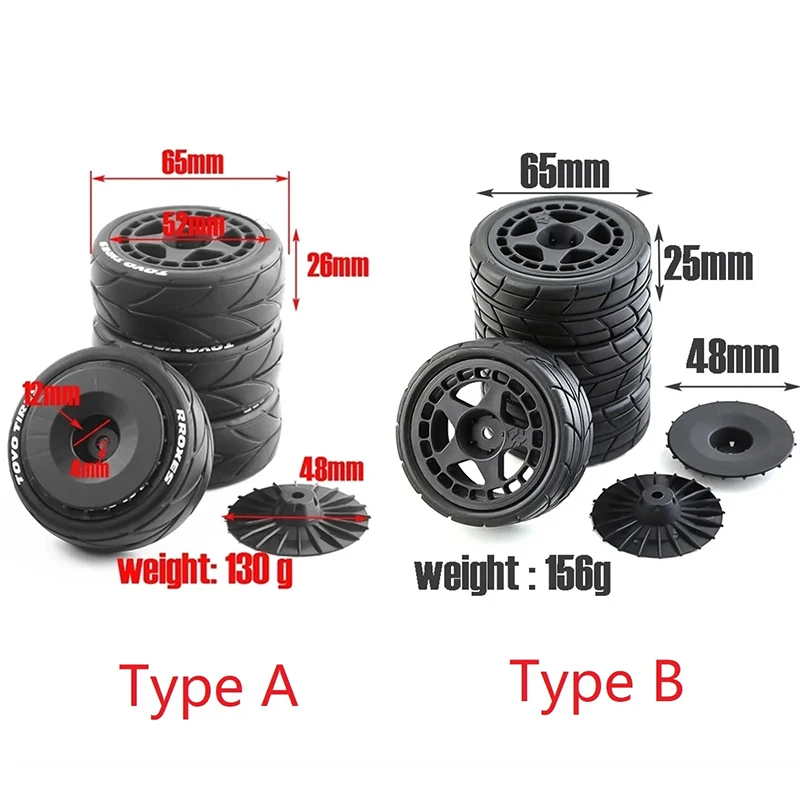 65mm 1/10 Rubber Tire Wheel Tyre 12mm Hex for Tamiya TT01 TT01E TT02 TT02B XV01 TA06 PTG-2 1:10 RC Racing Car Upgrades Parts