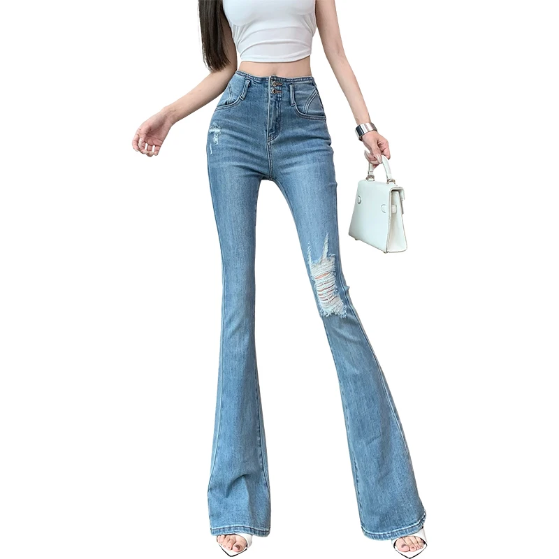 

Boyfriend Jeans for Women Vintage Hole Denim Pants 2024 Women's High Waist Retro Flare Jeans Fashion Stretch Trousers Streetwear