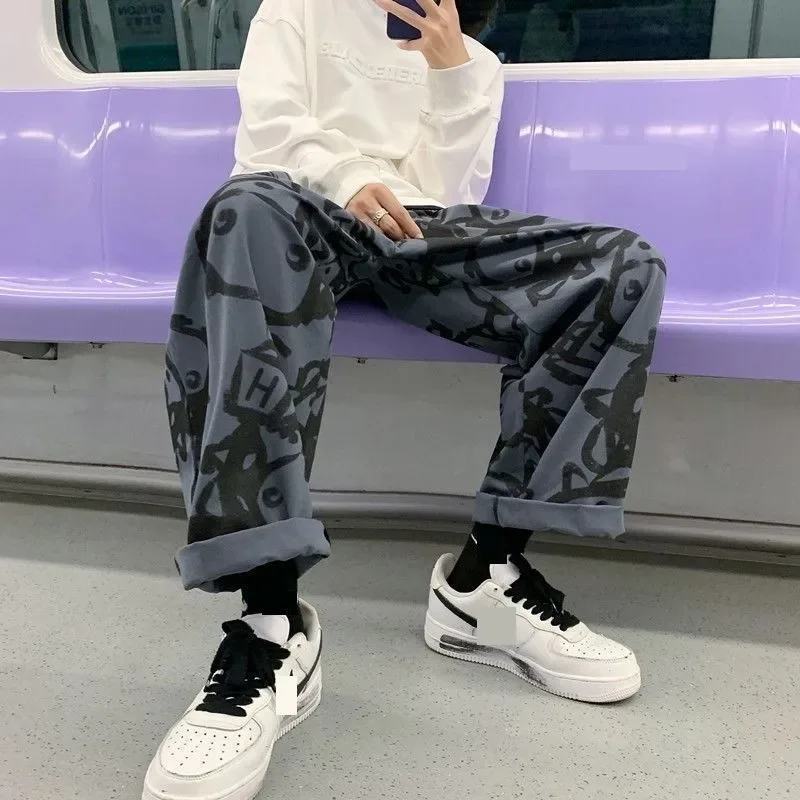 

MODX Street Pants Female Spring/Summer Hong Kong Style High Street Graffiti Retro Casual Pants Loose Straight Tube Floor Towers