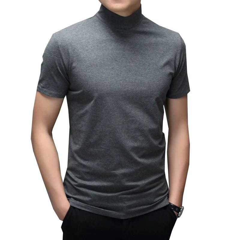

New Summer Men's Half High Collar T-Shirt Mercerized Cotton Short Sleeve Slim Fit Solid Color Modale