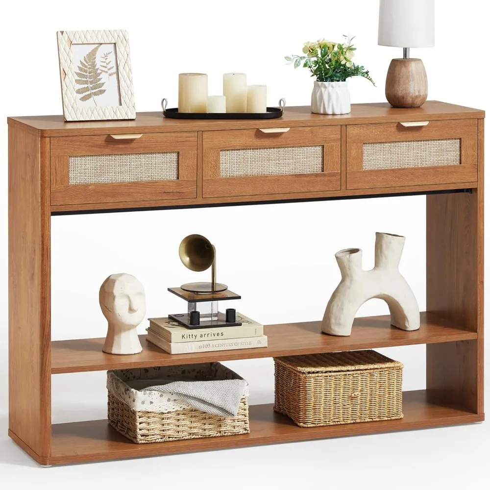 

Sturdy 48 Boho Rattan Console Table with 3 Drawers, 3 Tier Wooden Entryway Table with Open Storage Shelf, Narrow Long Behind C
