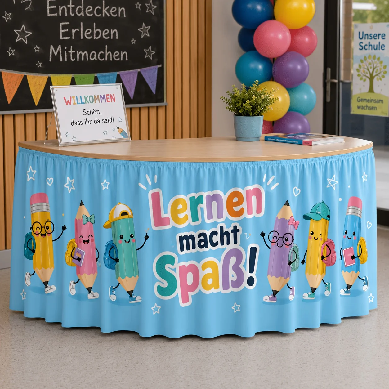 Party table skirt, with a blue learning supplies theme, featuring heart-shaped and German text printsxzj