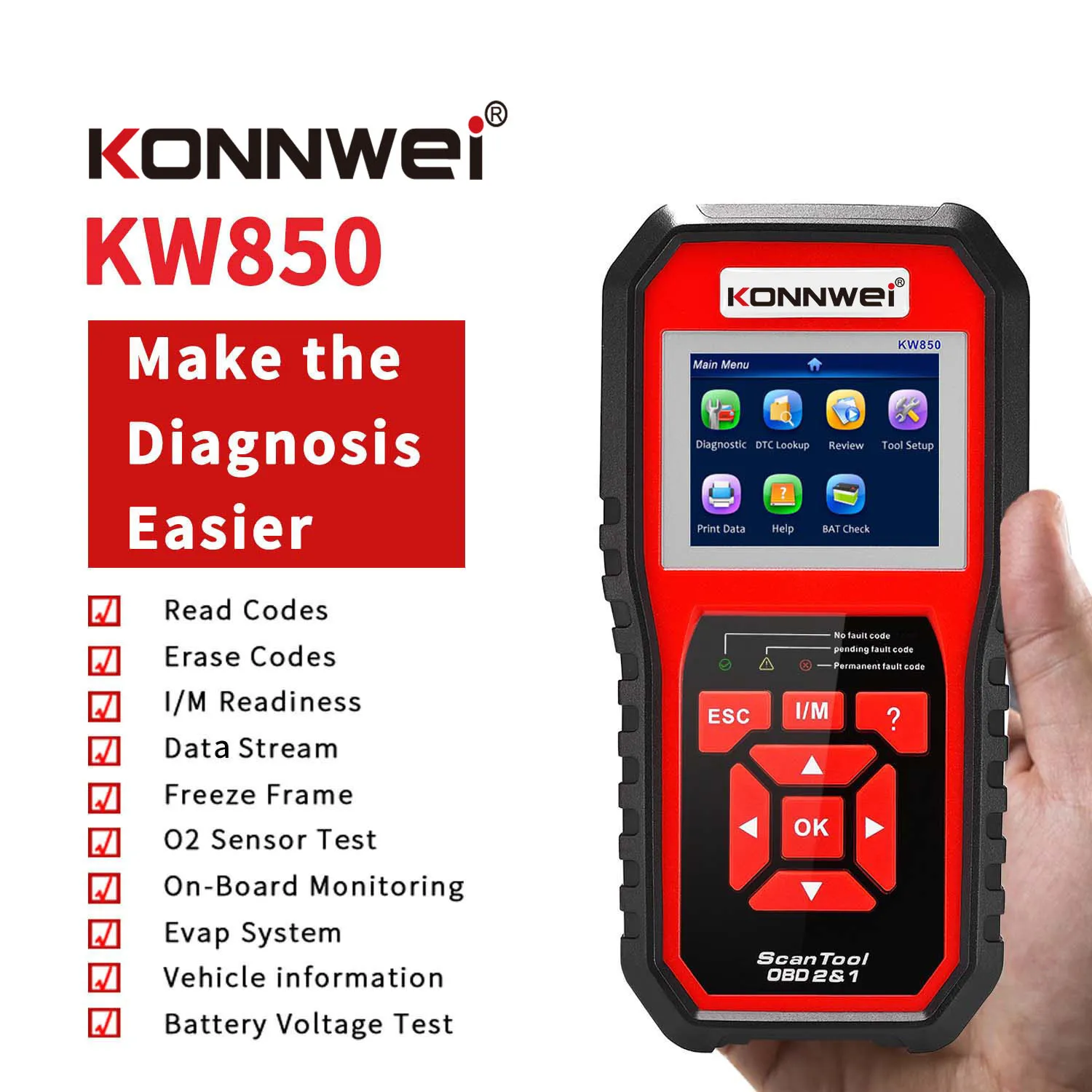 

KONNWEI KW850 OBD2 Scanner KW 850 OBDII Functions Engine Check/O2 Sensor/Battery Tester Automotive Diagnostic Tools Code Reader