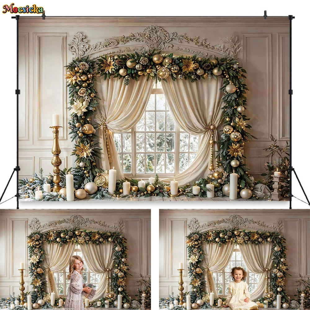 Mocsicka 크리스마스 룸 창 배경 사진 녹색 크리스마스 트리 화환 커튼 배경 겨울 가족 아이 Photozone 스튜디오