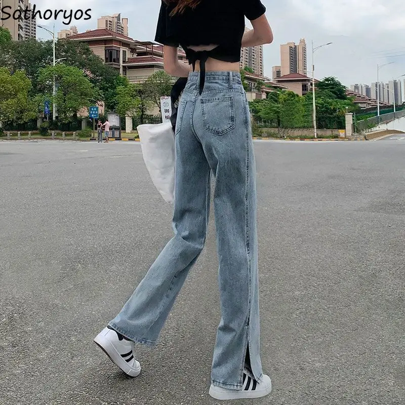 Seite-schlitz Frauen Jeans Hohe Taille Gerade Design Streetwear Casual Harajuku Koreanischen Stil Solide Blau Trendy Alle-spiel chic Bottom