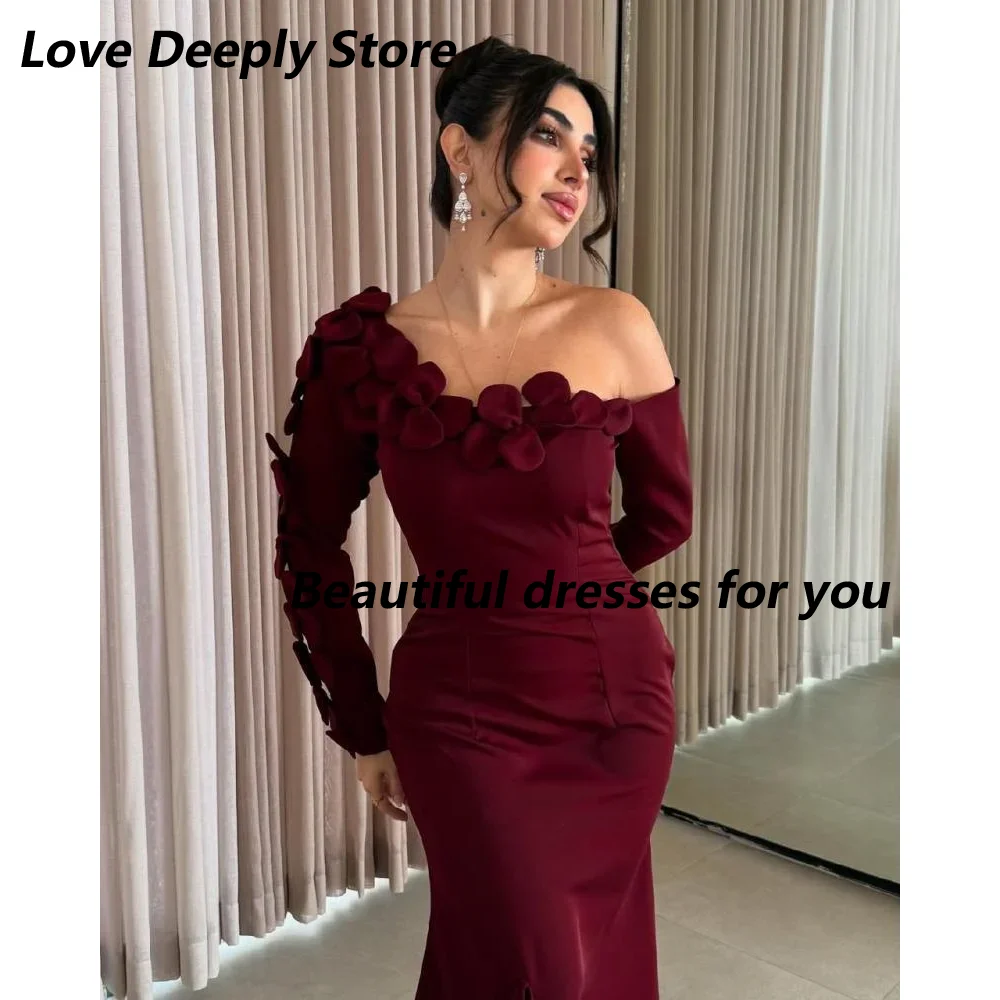 Robe de soirée bordeaux pour femmes, élégante, épaules dénudées, fleurs, longueur cheville, robe de bal sirène, manches longues, robe formelle personnalisée