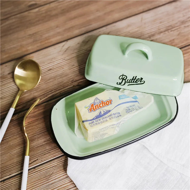 

Retro Nostalgic Enamel Snack Tray with Lid Kitchen Dish Butter Box Cheese Storage butter dish lid serving