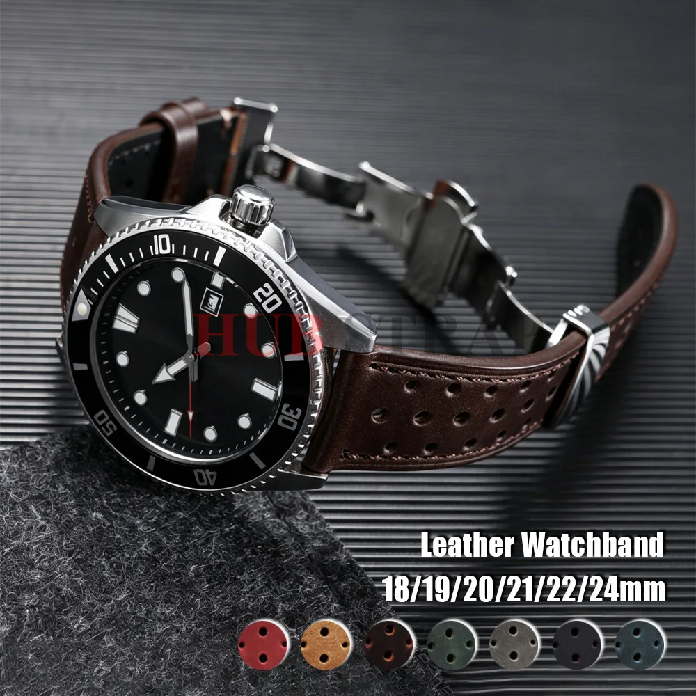 Vintage braunes Rennsport-Uhrenarmband 18mm 19mm 20mm 21mm 22mm 24mm Armbänder Schnellverschluss-Schmetterlingsverschluss Atmungsaktive poröse Uhrenarmbänder