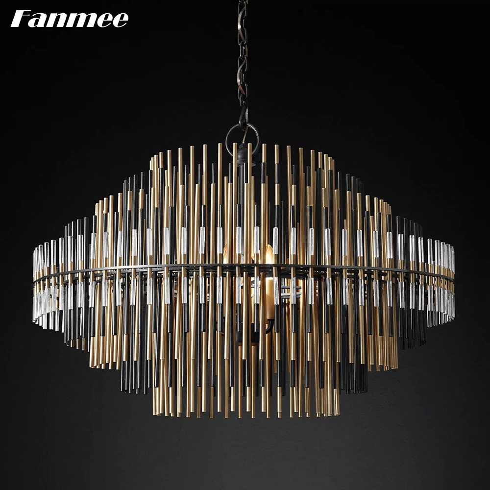 Traditional Glass Chandelier for Living Room Emile Round Brass Black Chandelier Lighting Clear Glass Rods Bedroom Lustre Lamps