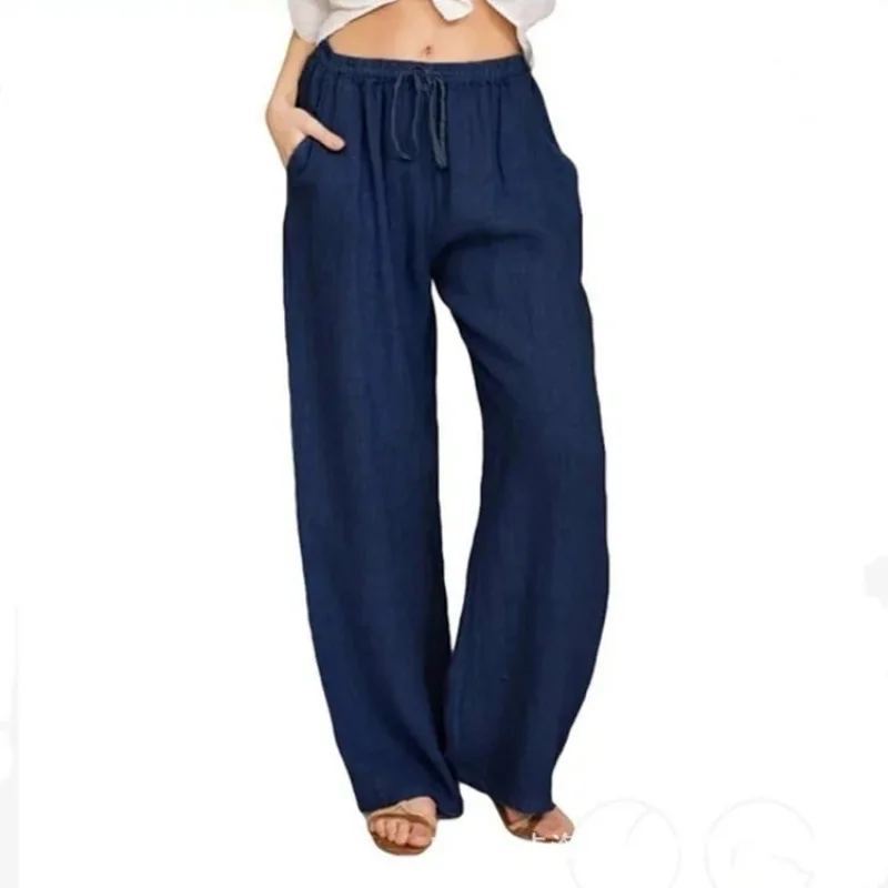Women's Fashion Summer Wide Leg Pants Solid Color Cotton and Hemp Pants Elastic Waist Loose Casual Pants Minimalist Dressing