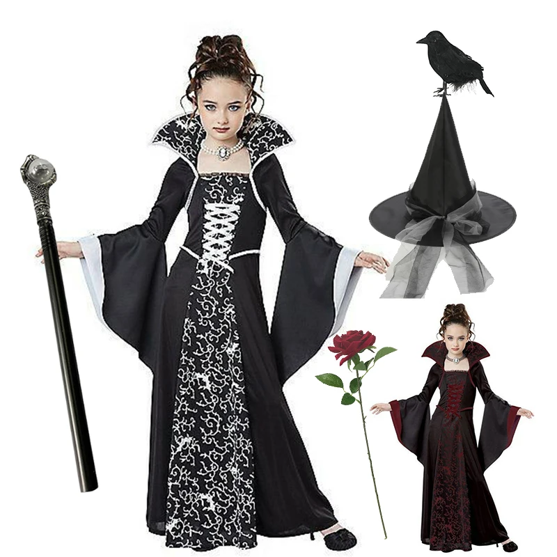 

Halloween Black Gothic Style Terror Vampire Costume Dress For Girls Dress Up Outfits Birthday Children Party Costume Prop 2-12Y