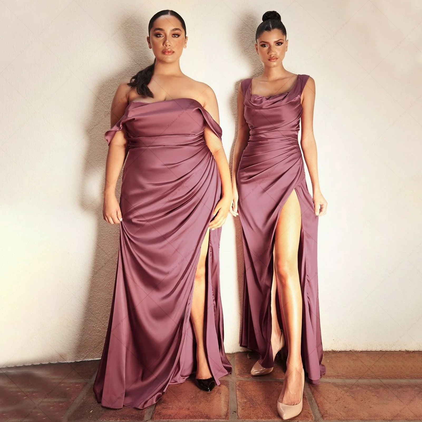 Elegant Satin Slit Bridesmaid Dresses Women 2023 A-Line Off-Shoulder Strapless Wedding Party Gown Robe Demoiselle Backless