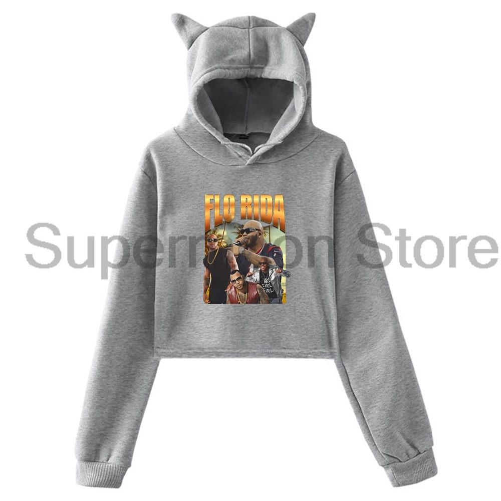 Flo Rida Rapper Vintage Graphic Pullover Female Cat Ears Hoodie Long Sleeve Crop Top Odzież damska