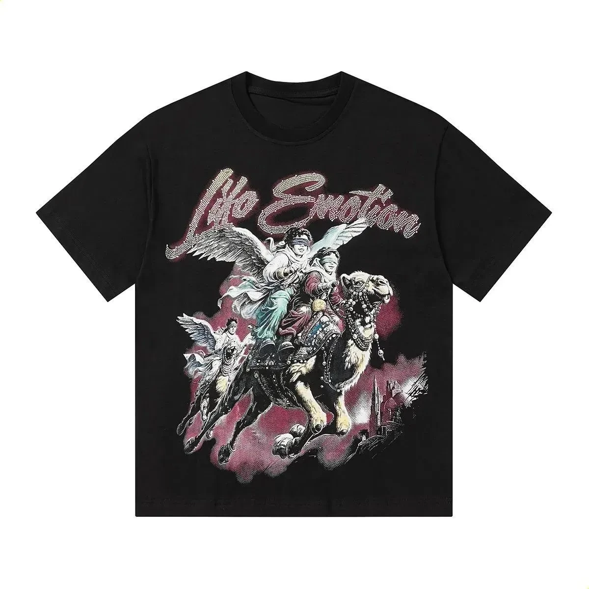 2026 Vintage Oil Painting Angel Camel Graphic T-shirt Unisex Script Print Cotton Street Oversized Tee