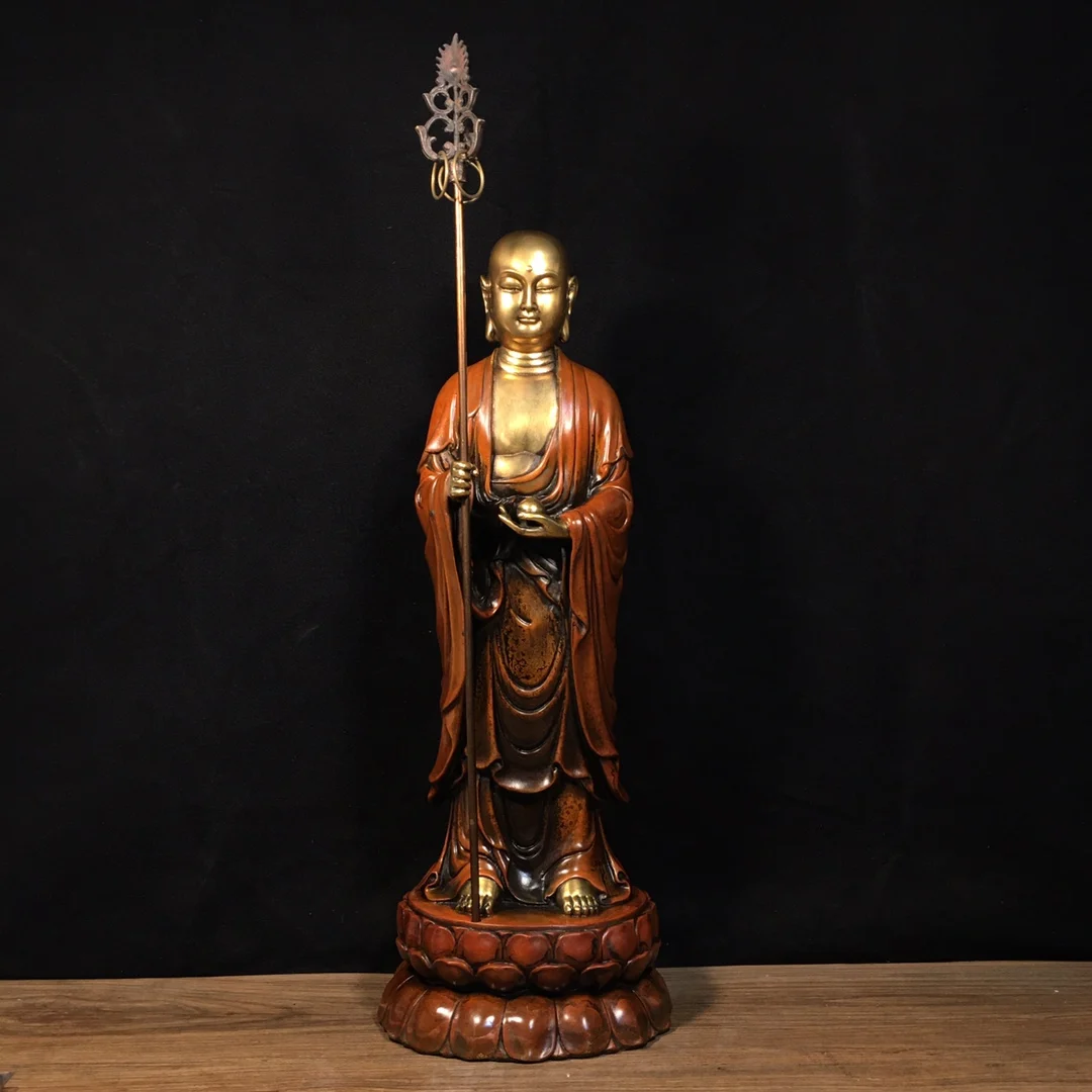 

20"Tibetan Temple Collection Old Bronze Gilded True Gold Silver Ksitigarbha Jizo Standing Buddha Worship Hall Town House