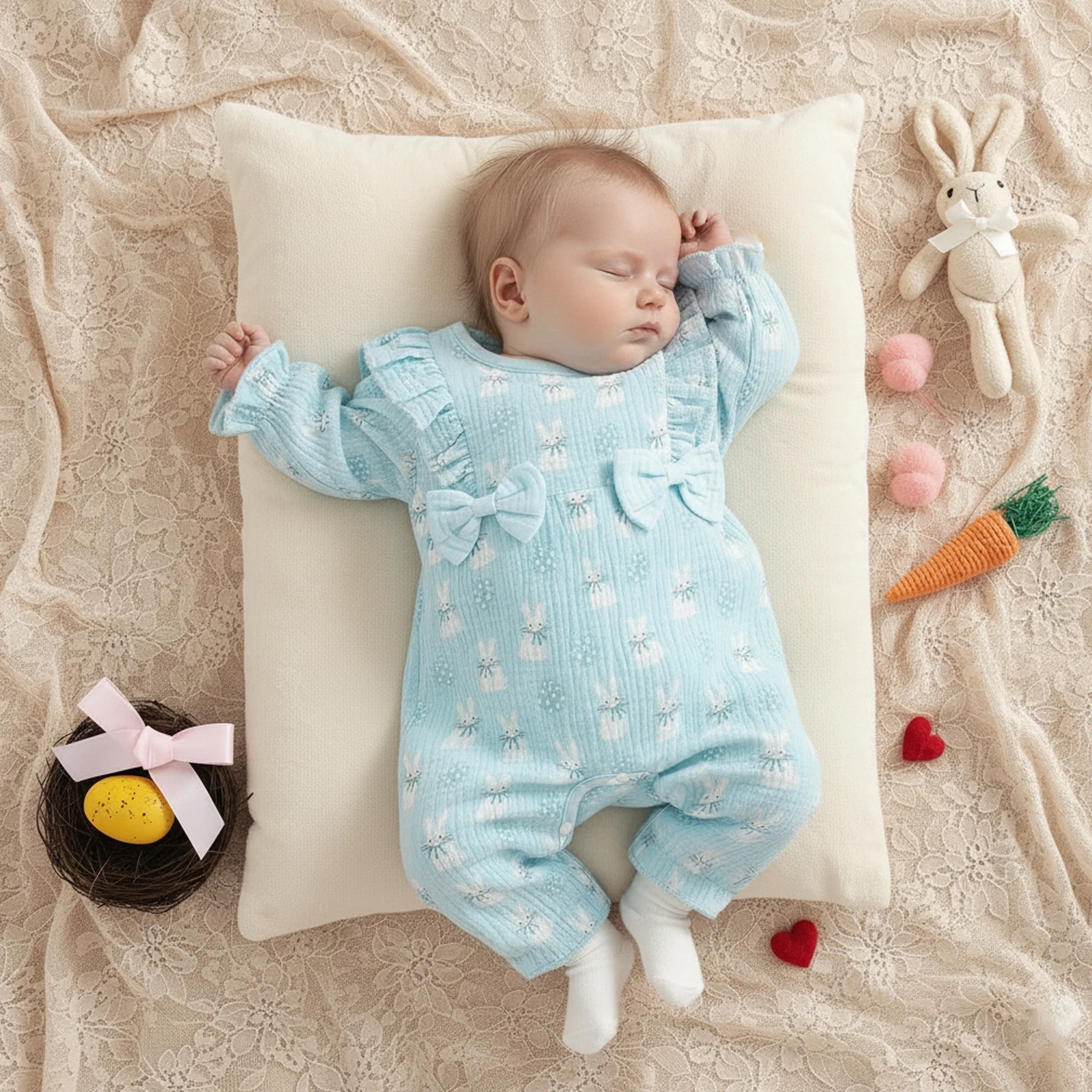 Baby Girl Easter Casual Jumpsuit Long Sleeve O Neck Ruffle Trim Egg Bunny Print Romper