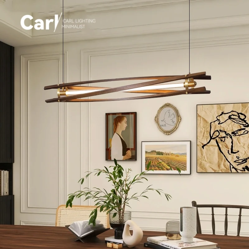 American Restaurant Lamp Medieval Retro Dining Room Bar Chandelier Long Strip Modern Simple High-end Walnut Color Lamp