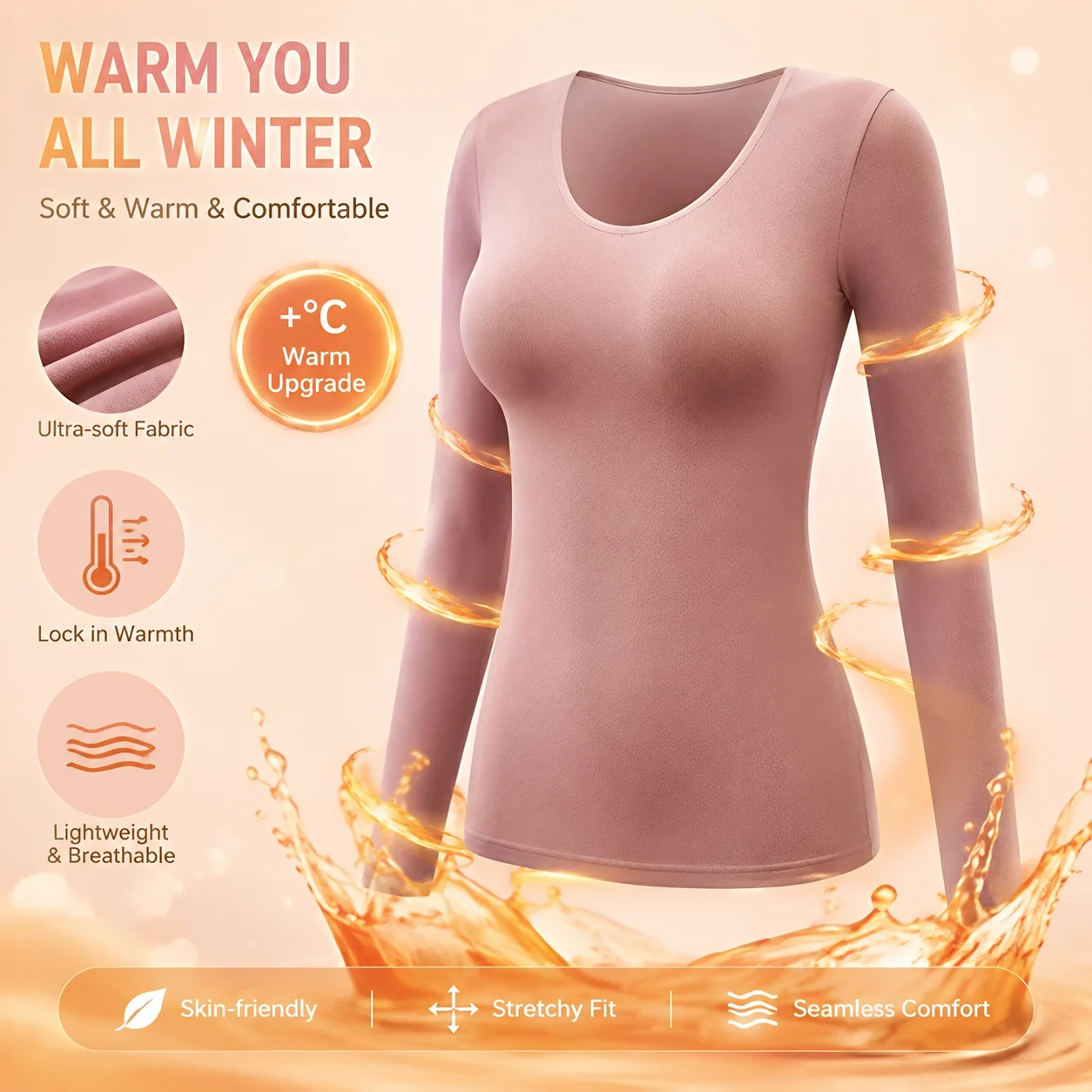 Sous-vêtements thermiques pour femmes, T-shirt à manches longues, haut thermique fin, L-XL