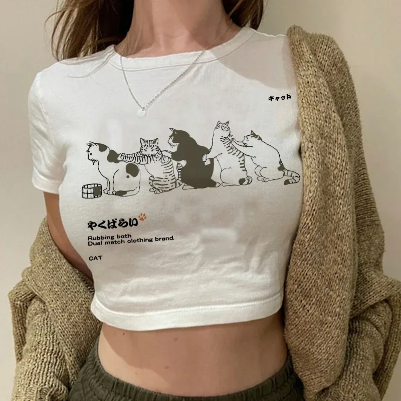 Streetwear Crop Top Y2k 90s Cropped Funny Cute Cat T Shirt Women Shirt Harajuku Ulzzang T-shirt Graphic Tshirt Top Tee Female