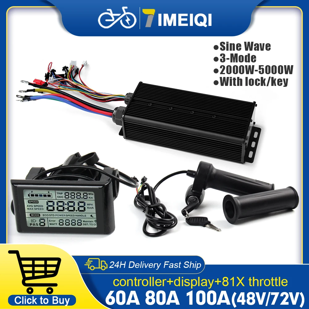 2000W-5000W 48V-72V E-Bike 3-mode Sine Wave Controller 60A 80A 100A with LCD SW900 Lock&Key Twist Throttle for Electric Scooter
