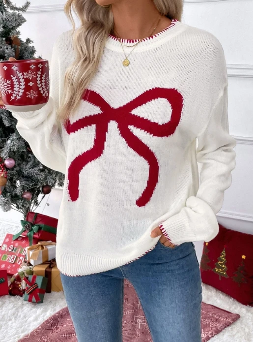 

Women's Winter Sweaters Fashion Loose Long Sleeved O-Neck Christmas Bowknot Knitted Women's Sweaters Casual Knitted Pullovers