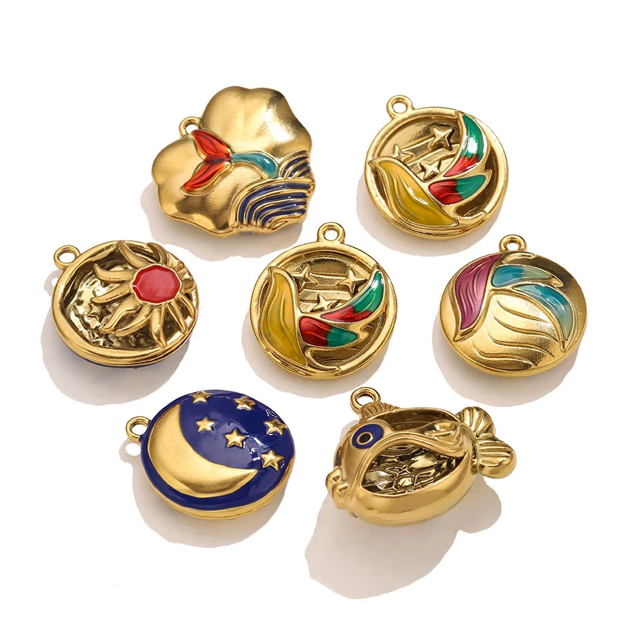 

1Pcs Stainless Steel Enamel 3D Sculpture Charms Sun Moon Fish Shaped Locket Pendants for DIY Earrings Jewelry Connector Material