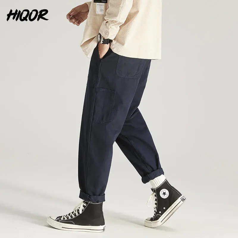 HIQOR Autumn Winter Men\'s Pant Cargo Pants Casual Multi Pocket Trouser Plus Size Fashion Belt Design Baggy Joger Streetwear Male