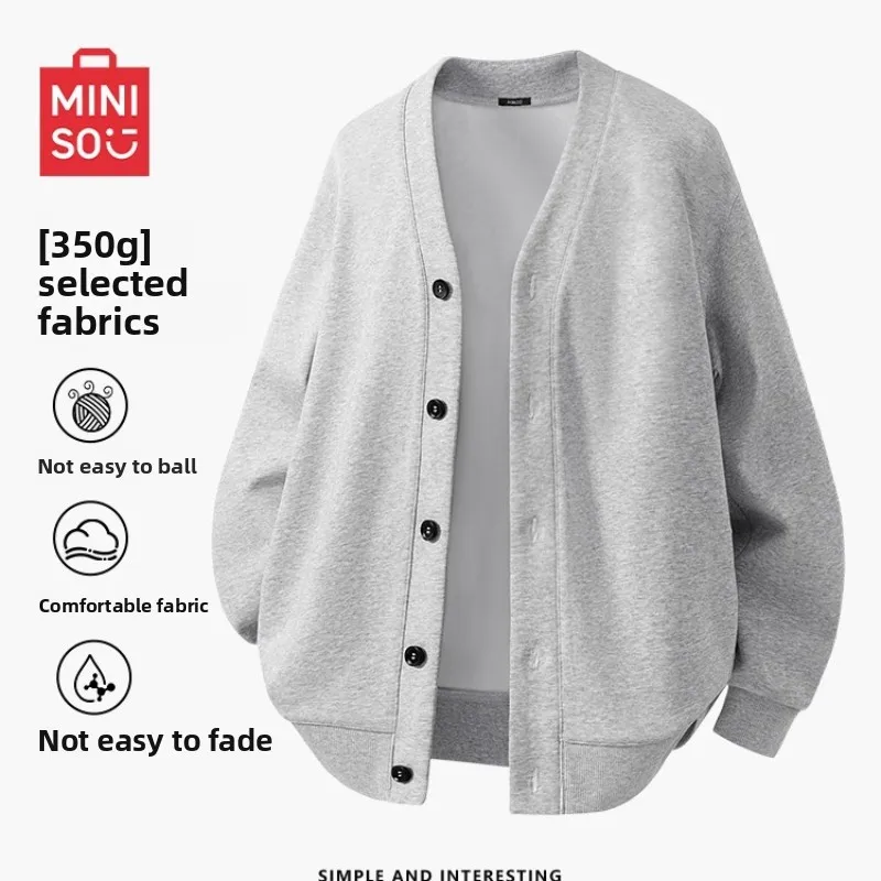 

Miniso 2025 Men's Gray V-Neck Cardigan, Unisex Oversized Sweater, Couple Casual Long Sleeve Top