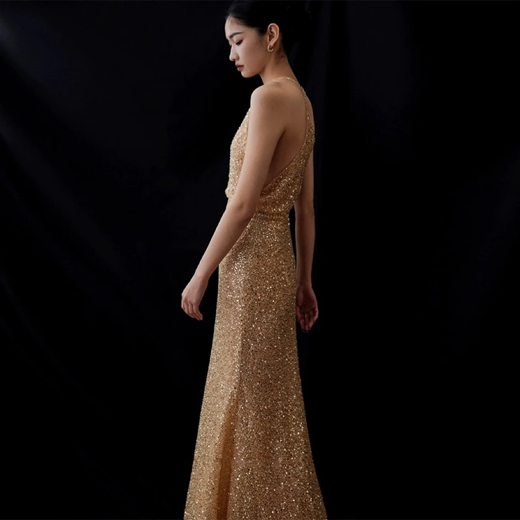 Champagne Golden Cocktail Dresses Beading Sequins O-neck Mermaid Night Party Ball Shiny Floor Length Pretty Evening Gowns