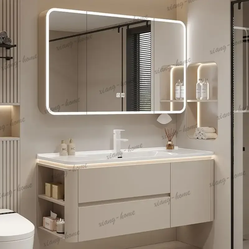 Modern Bathroom Intelligent Waterproof  Cabinet Combination Simple Washbasin Ceramic Integrated Storage Bathroom Mirror Cabinet