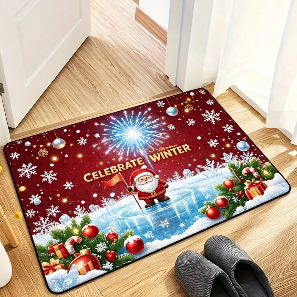 Celebrate Winter Santa Firework Mat Red Background Snowflake Ornament Candy Cane Print Non Slip Washable Floor Mat For Holiday