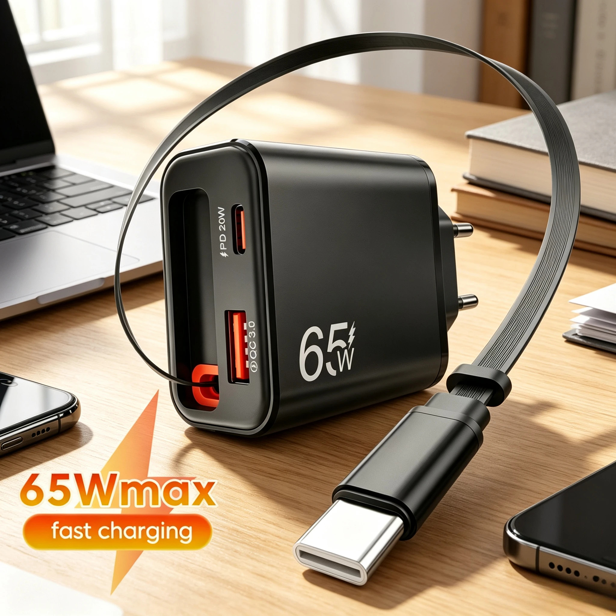 65W Super Fast Charge USB Phone Charger With Retractable PD Type C Charging Cable For iPhone 17 16 Pro Xiaomi POCO Wall Adapter