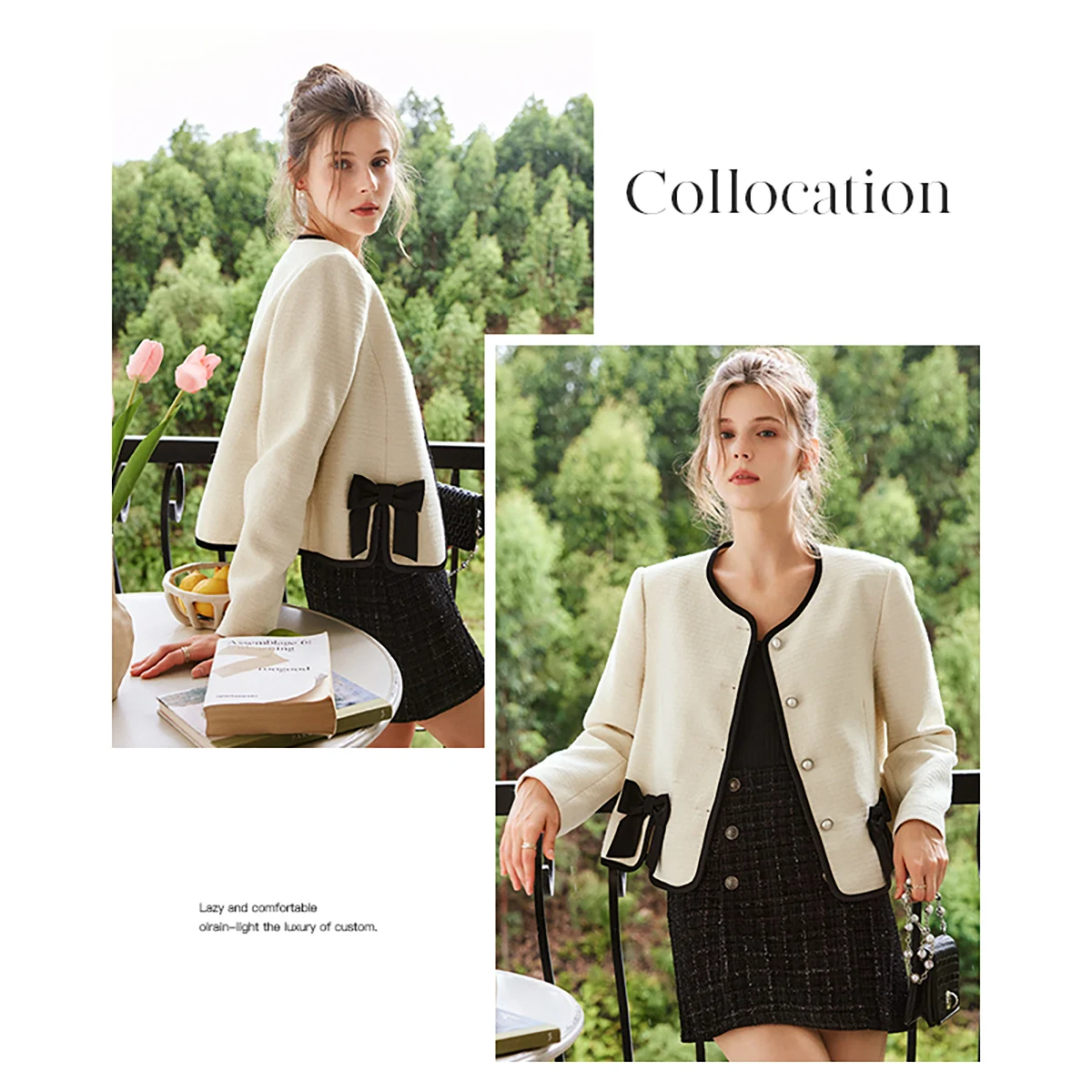 OLrain Women's Autumn Tweed Jackets 2026 Elegant Single Breasted Bow Short Coat Ladies New Outerwears Female Clothing O22QW61031