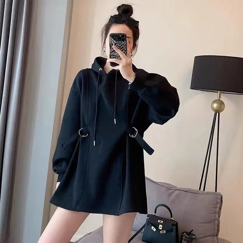 Thickened Hooded Sweatshirt with Added Fleece Mid to Long Length Short Skirt Women\'s Design Sense Loose Top New European Trend