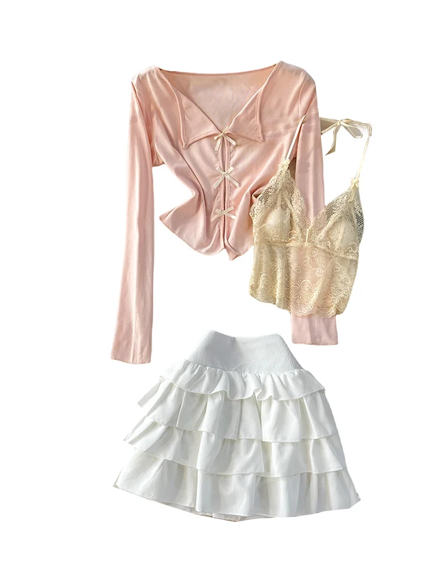 سترة صوفية مفتوحة بعقدة حارة حلوة على شكل حرف V + حزام دانتيل رغبة نقية + تنورة كعكة رفيعة عالية الخصر طقم تي شيرت