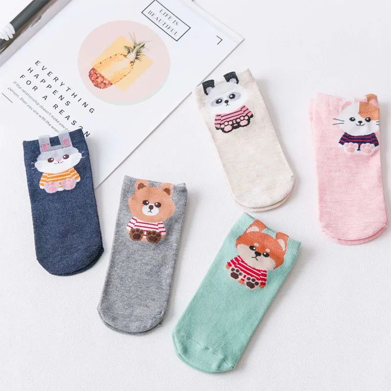 Women Cute Cartoon Animal Ankle Socks 3D Ear Design Bear Cat Dog Print Soft Cotton Low Cut Short Socks Sweet Casual Ladies Socks