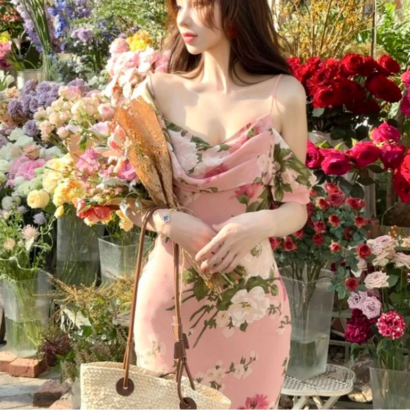 

2025 Women Floral Print Dress Elegant Off Shoulder Draped Neck Spaghetti Strap Bodycon Dress Summer Party Wedding Guest Outfit