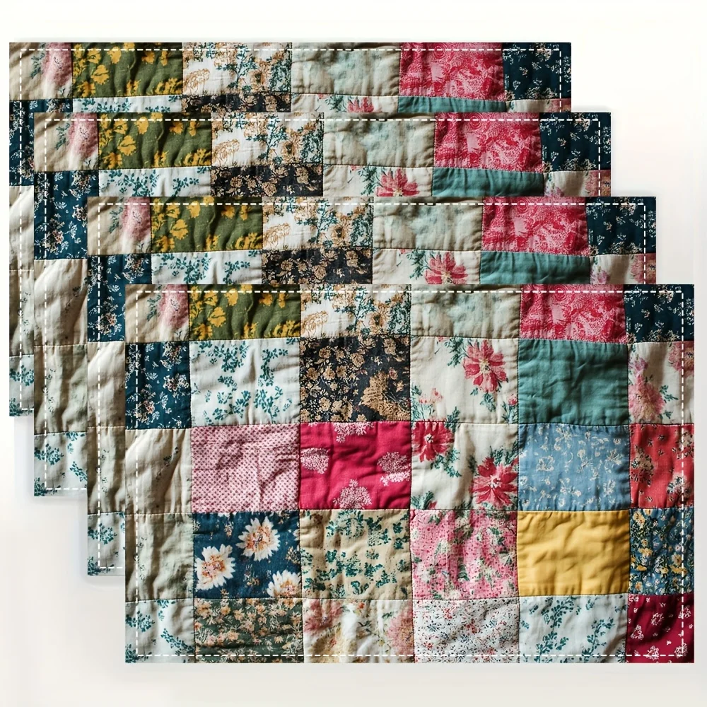 4‑Pieces Vintage Patchwork Placemat Set, Polyester Hand‑Wash Only Mats for Kitchen Party Holiday Indoor Table Decor