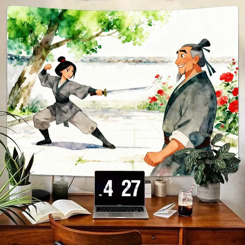 

1 шт., гобелен для обучения воин в стиле мулан, древние китайские акварельные настенные рисунки, вдохновляющий полиэстер, домашний декор для жизни