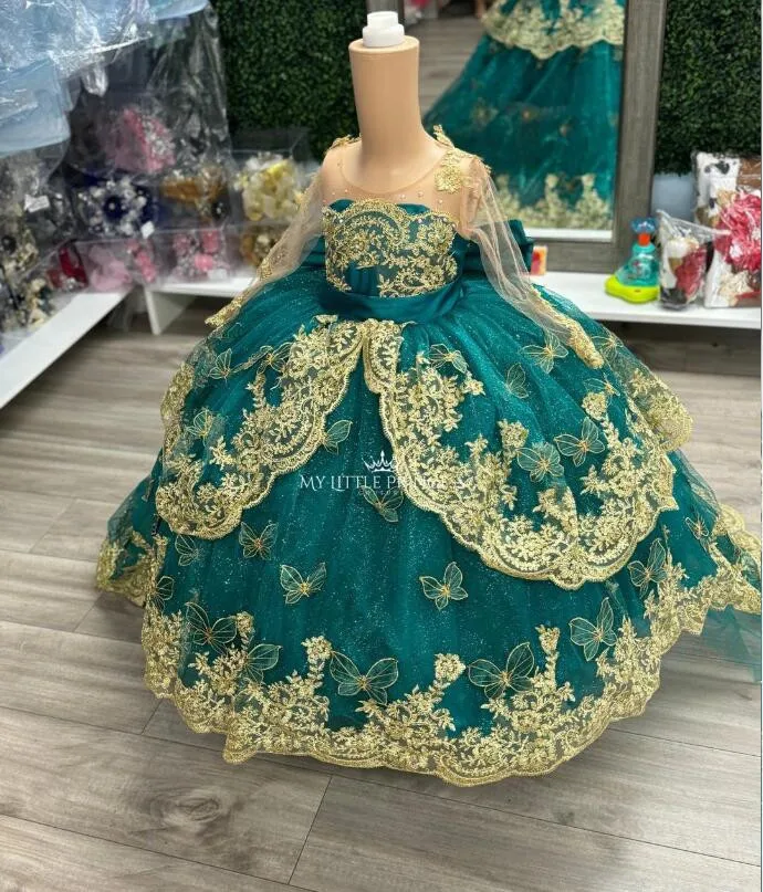 

Hunter Green Little Princess Birthday Wedding Guest Dresses Gold Lace Applique Gillter Long Sleeve Cute Flower Girls Dress