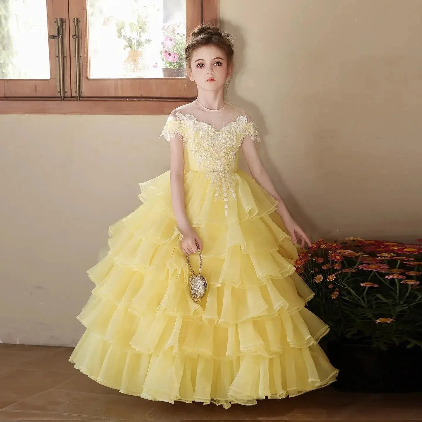Wedding Birthday Party Tulle Pageant Dress Luxury Flower Girl Dress Pageant Catwalk Halter Short Lace Big Bow Kids Formal Gown