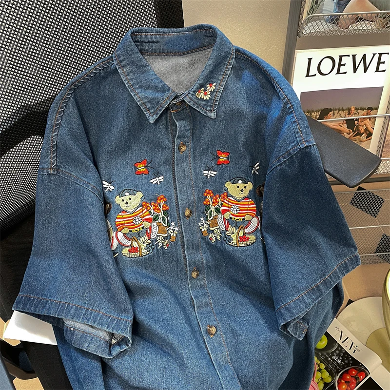 Blue Bear Embroidery Patchwork Denim Blouse Women Short Sleeve Japanese Shirts 2022 Summer Korean Tops Female Clothes Harajuku