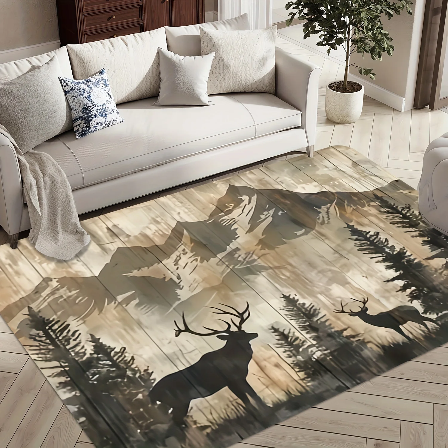Rustic Woodland Deer Forest Area Rug Cabin Decor Throw Mat Wildlife Mural Style for Living Room Bedroom Lodge Home Decor