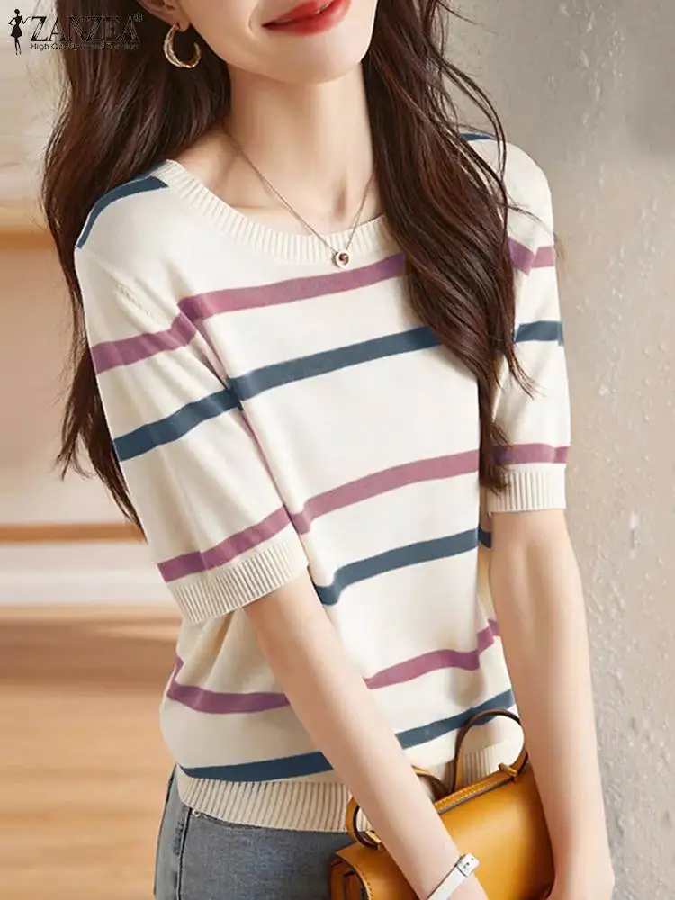 ZANZEA Korean Casual Knit T-shirt Women Harajuku Color Stripe Tees Blouse Summer Vintage Half Sleeve Tops 2024 Basic Loose Tops