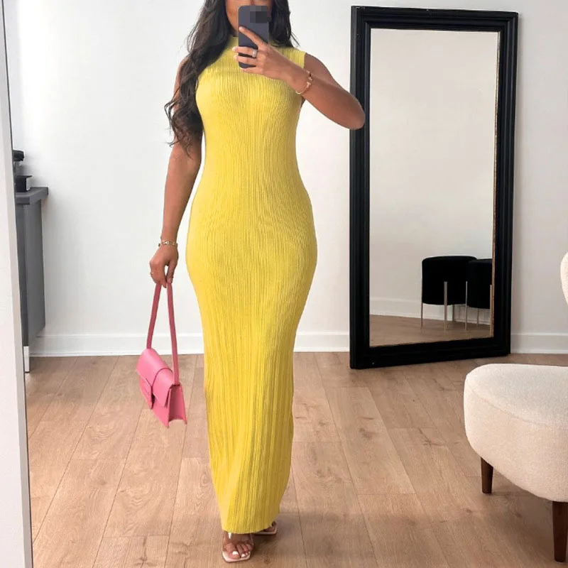 

2025 Summer Robe Femme Knitted Solid Color Slim Long Dresses Women Fashion Trendy Package Hip Bodycon Sleeveless Dress Commuting