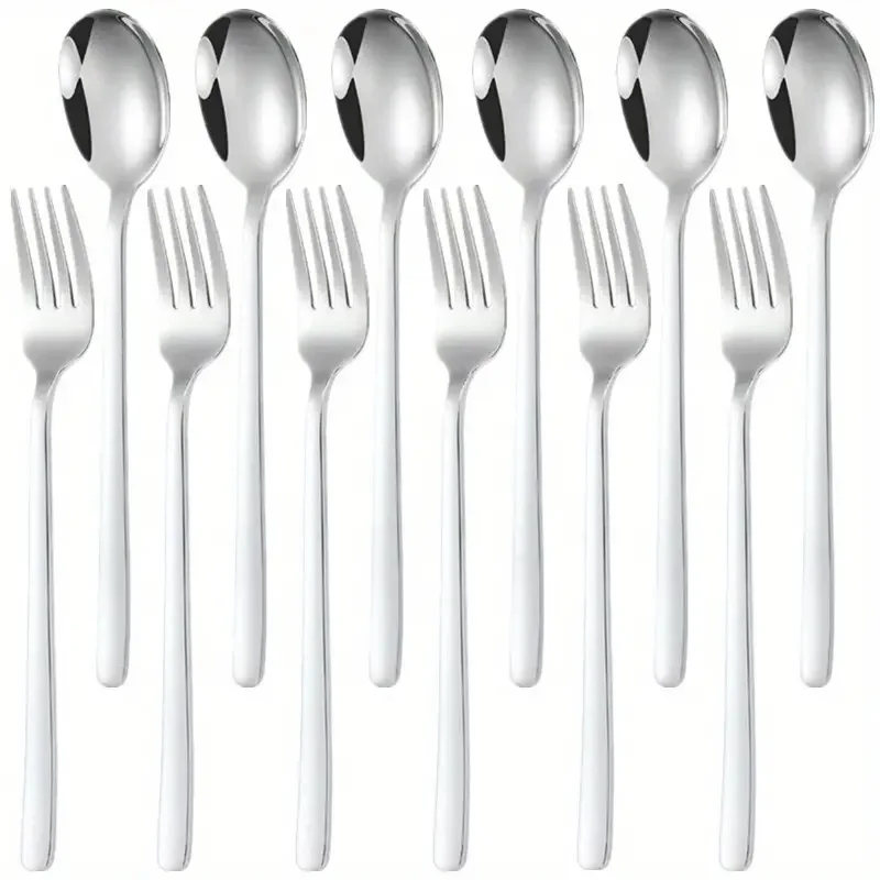 12-piece stainless steel Korean dinner spoon, fork set, machine washable, suitable for kitchen, restaurant, holiday party